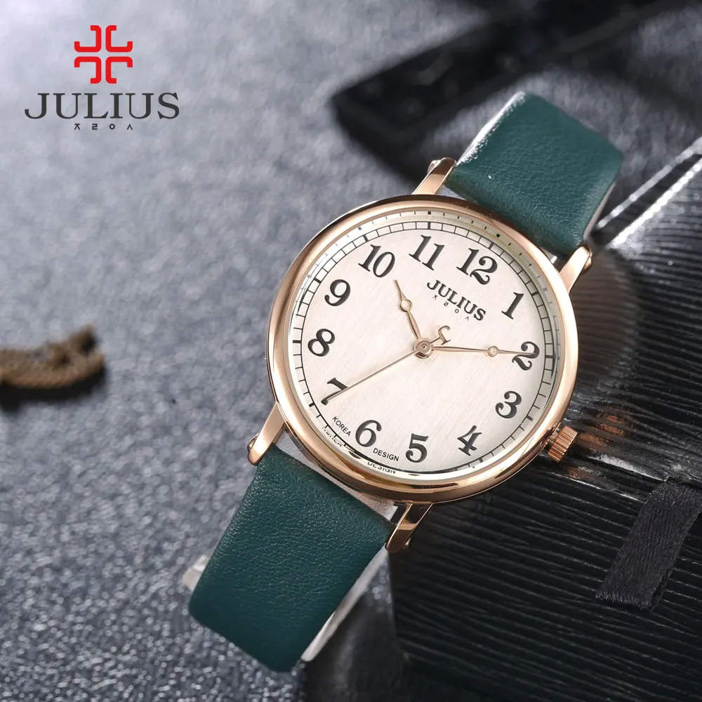 JULIUS Ladies Watches Top Brand Luxury Dark Green Simple Casual Dress Leather Strap Silver Rose Gold Arabic Number Montre JA-949