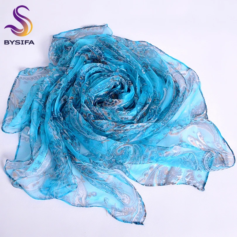 Light Blue Silk Scarves Printed 2016 New Design Fashion Accessories 100% Pure Silk Long Scarves 170*110cm Long Paisley Scarves