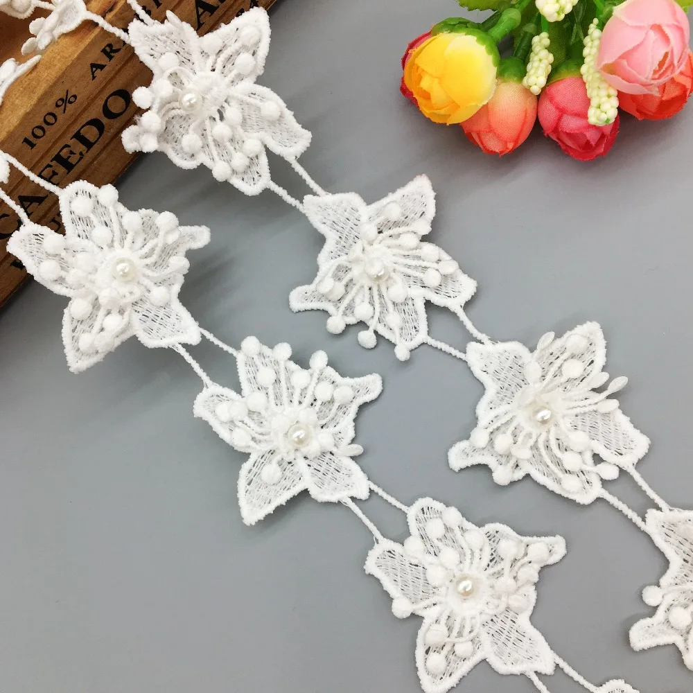 

1 Yard Cotton Pearl Flowers Lace Trim Ribbon Child Wedding Dress Applique Upholstery Patch Headband Hat Lingerie Sewing Crafts