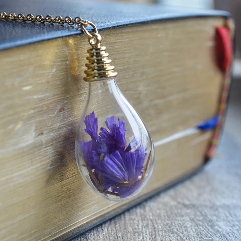 Purple Forget Me Not Statice Waterdrop Glass Pendant Gold Color Chain Long Necklace Women Boho Fashion Jewelry Bohemian Handmade