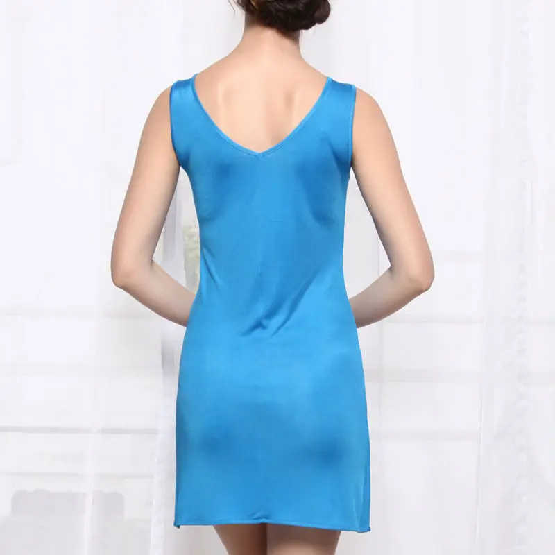 SuyaDream Woman Full Slips V neck Solid Mini Dress Comfortable Sleep Dress Blue Nude Underwear