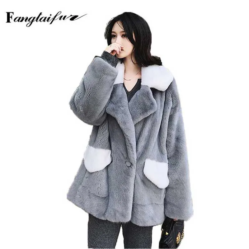 

Ftangaiur Winter Import Velvet Mink Coat Turn-Down Collar Slim Mink Coat Women Patchwork Pocket Short Real Mink Fur Coats