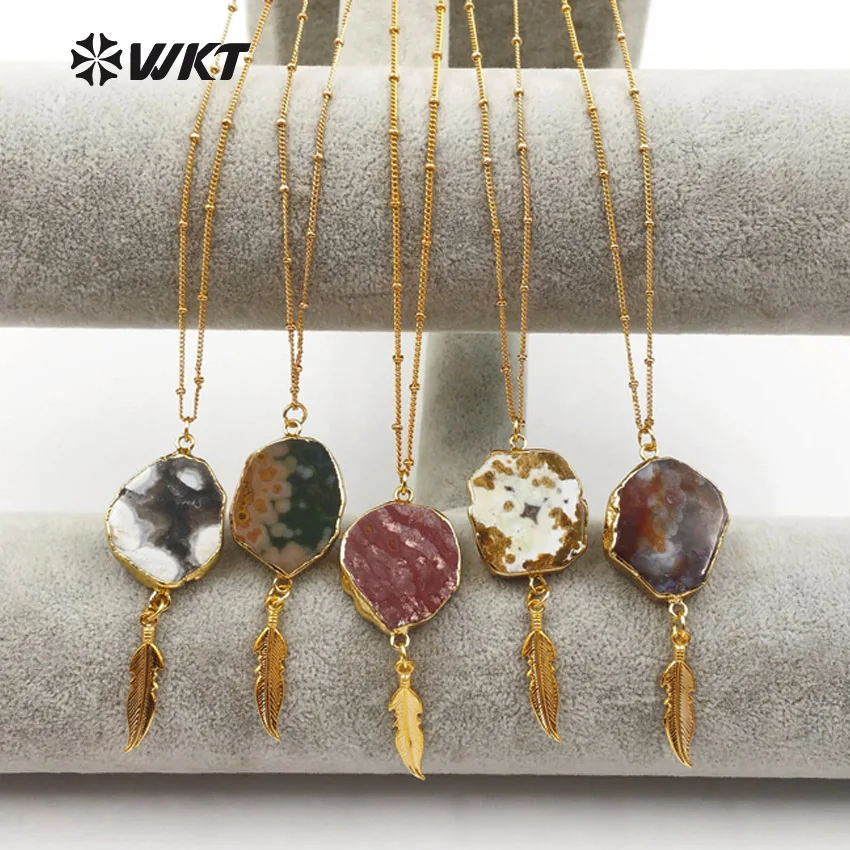 WT-N1131 Wild Coast Jewelry Ocean Stone With Gold Dipped Mini Feather Pendant Necklace 18 Inch Bohemia Gift For Friends