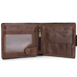 Cartera de cuero genuino con bolsillo para monedas para hombre, monedero corto Vintage para hombre, Tarjetero con cremallera