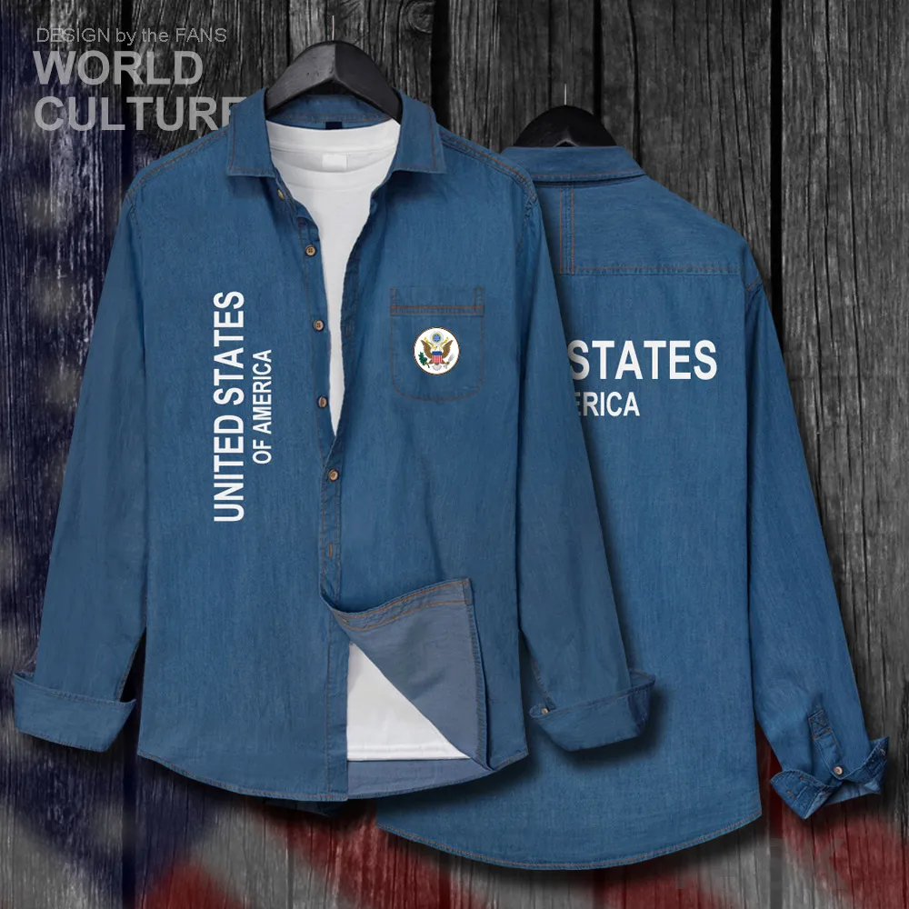 United States of America USA US Tops Men Clothes Autumn Jacket Long Sleeve Cowboy Casual Coat Turn-down Collar Jeans Shirt 20