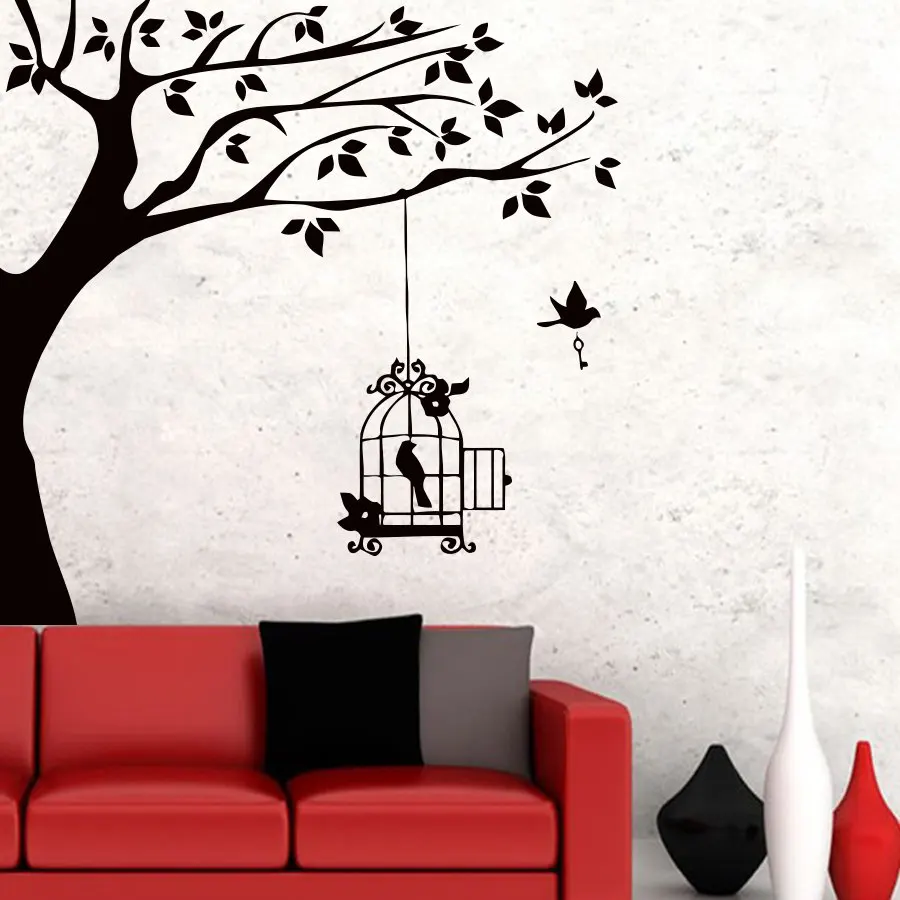 

ZOOYOO A Bird With Key And Cage Hanging In The Tree Branch Wall Stickers Vinyl Wall Art Murals Living Room Removable Home Decor