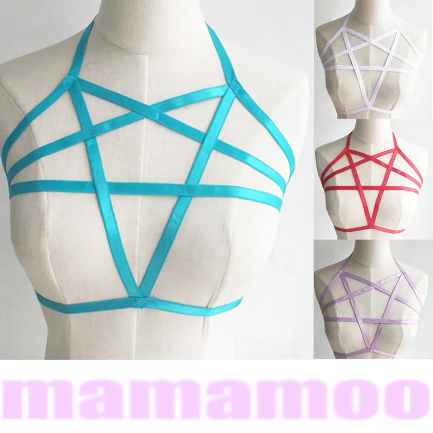 

Goth bondage lingerie pentagram colour harness sexy Body Fetish Wear Cage Bra Harajuku Body Cage pentagram body harness cage