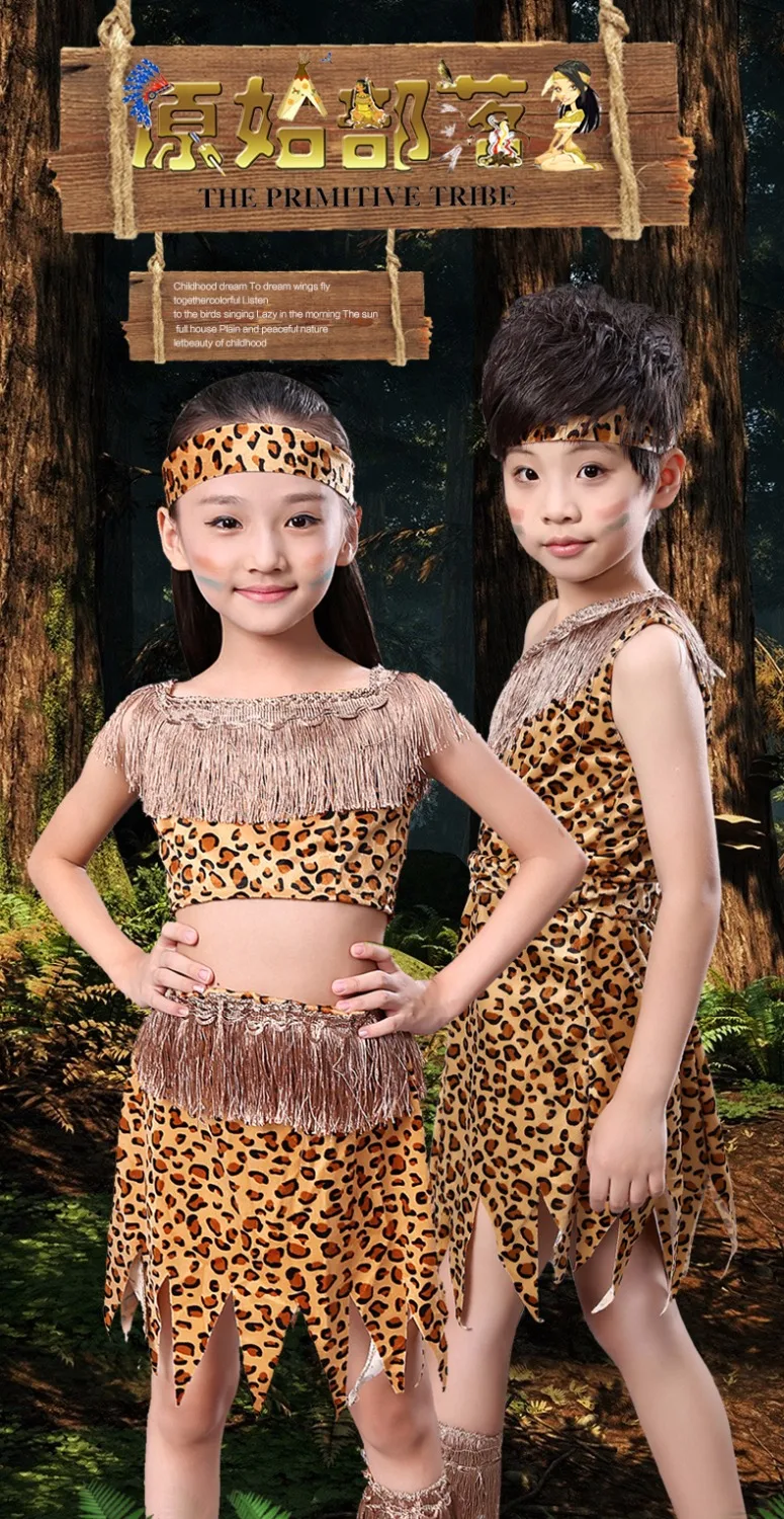 Kid Halloween Girl Savage Costumes For Boy Savage Indian Girl Leopard Stage Performance Props Child Hunter Flintstones Primitive