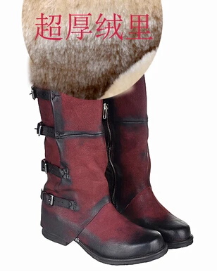 Winter Retro Genuine Leather Knee High Boots Women Square Toe Buckle Ankle Boots Fashion High Quality Warm Lady Casual Shoes