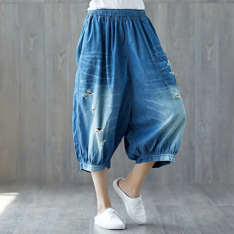 Women Wide Leg Cross-pants Bloomers Baggy Denim Pants hip hop Drop Crotch jeans Elastic Waist  Harem Trousers YT616