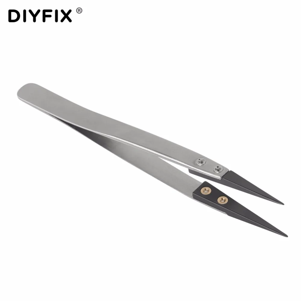 DIYFIX Stainless Steel Ceramic Tweezers Anti Static Heat Resistant Insulated Ceramic Pointed Tip Electronic Pliers