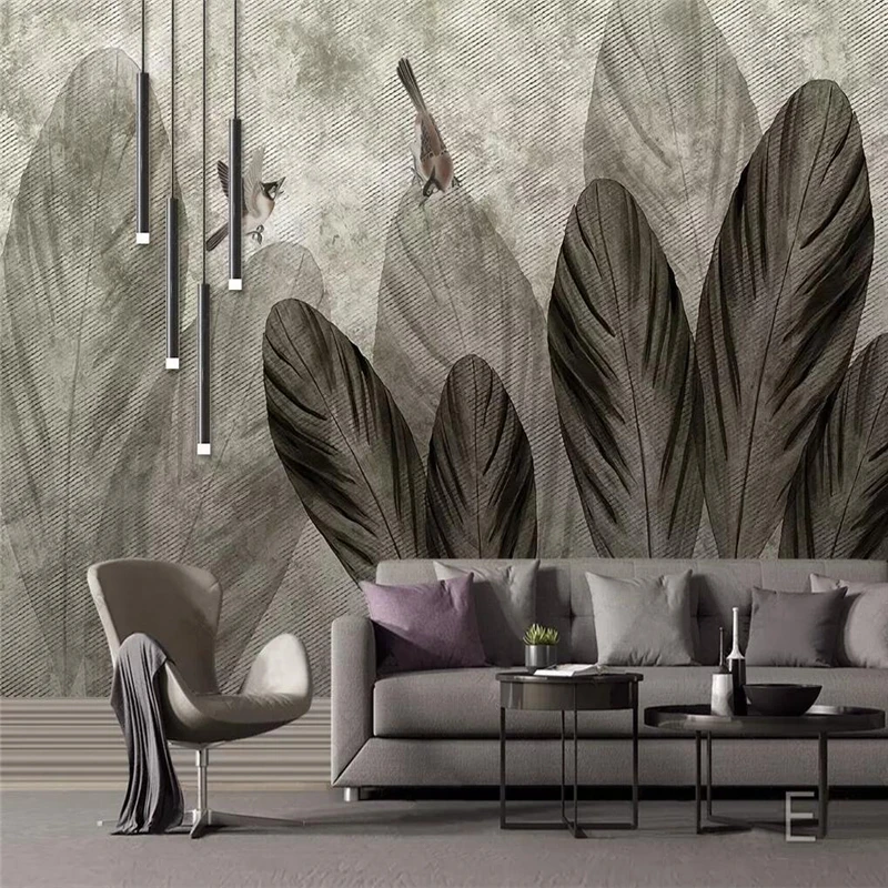 

European hand-painted style abstract leaf bird nostalgic background wall painting