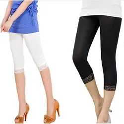 Women Crop 3/4 Length Leggings Black White Lace Decoration Leggings Summer Elastic Bodycon Jeggings