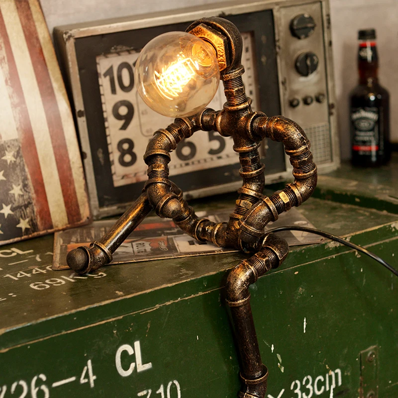 

Vintage Loft Retro Table Lamp Industrial Iron Water Pipes Desk Lamps Bar Decor Table Light Insects Pattern Desk Lamp Lighting