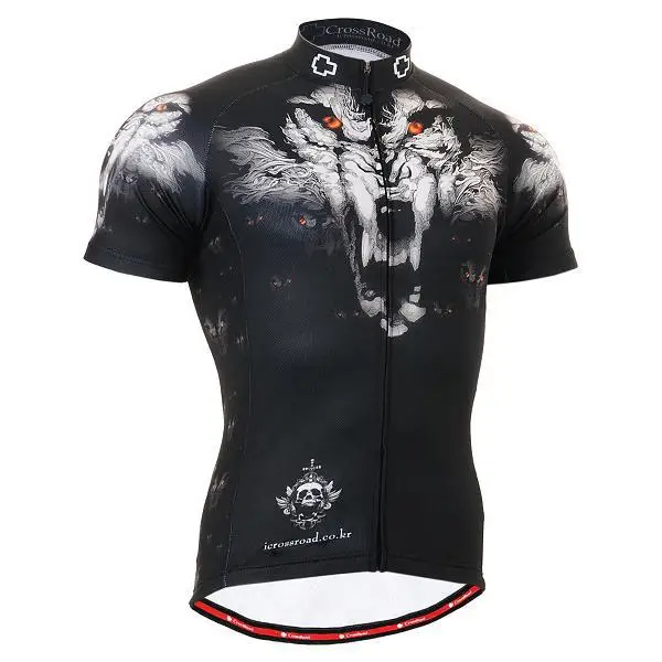 Life On Track WOLF HEAD Technical Full Graphic Short Sleeve MTB Cycling Jersey Useful 3 Rear-pockets and Non-Slip Silicone Band