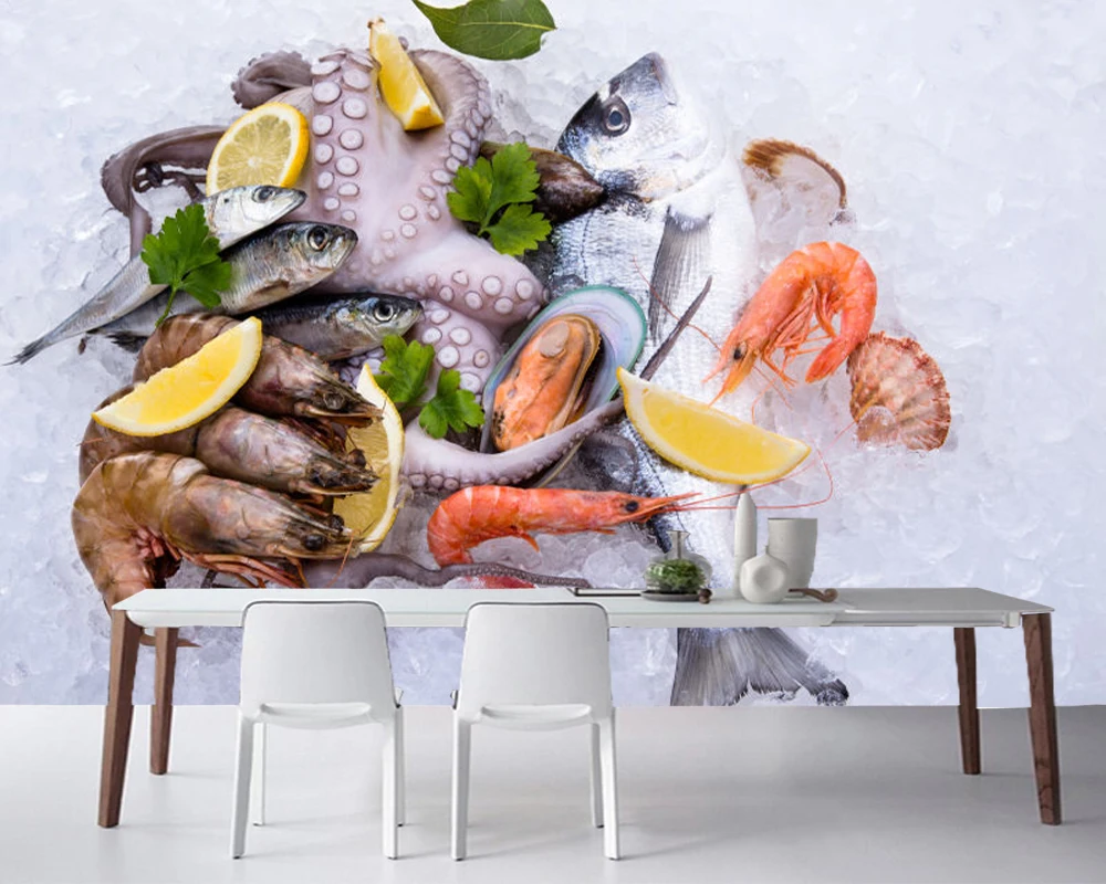 

Papel de parede Various seafood on ice cubes food 3d wallpaper,restaurant bar living room kitchen fast food shop mural