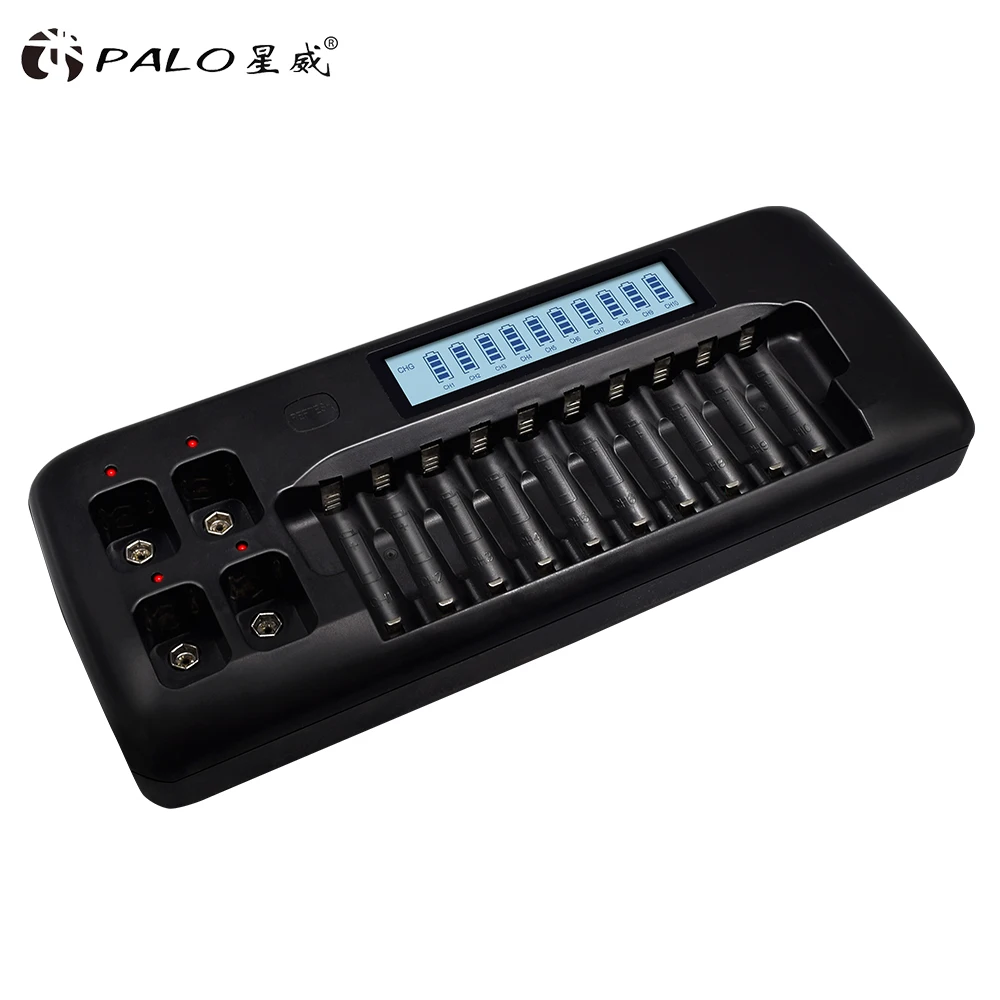 PALO 14-Slots LCD Display Intelligente Batterie Ladegerät für 1,2 V AA AAA Ni-Mh Ni-CD Akku 9V Ni-Mh Ni-Cd Lithium-Batterie