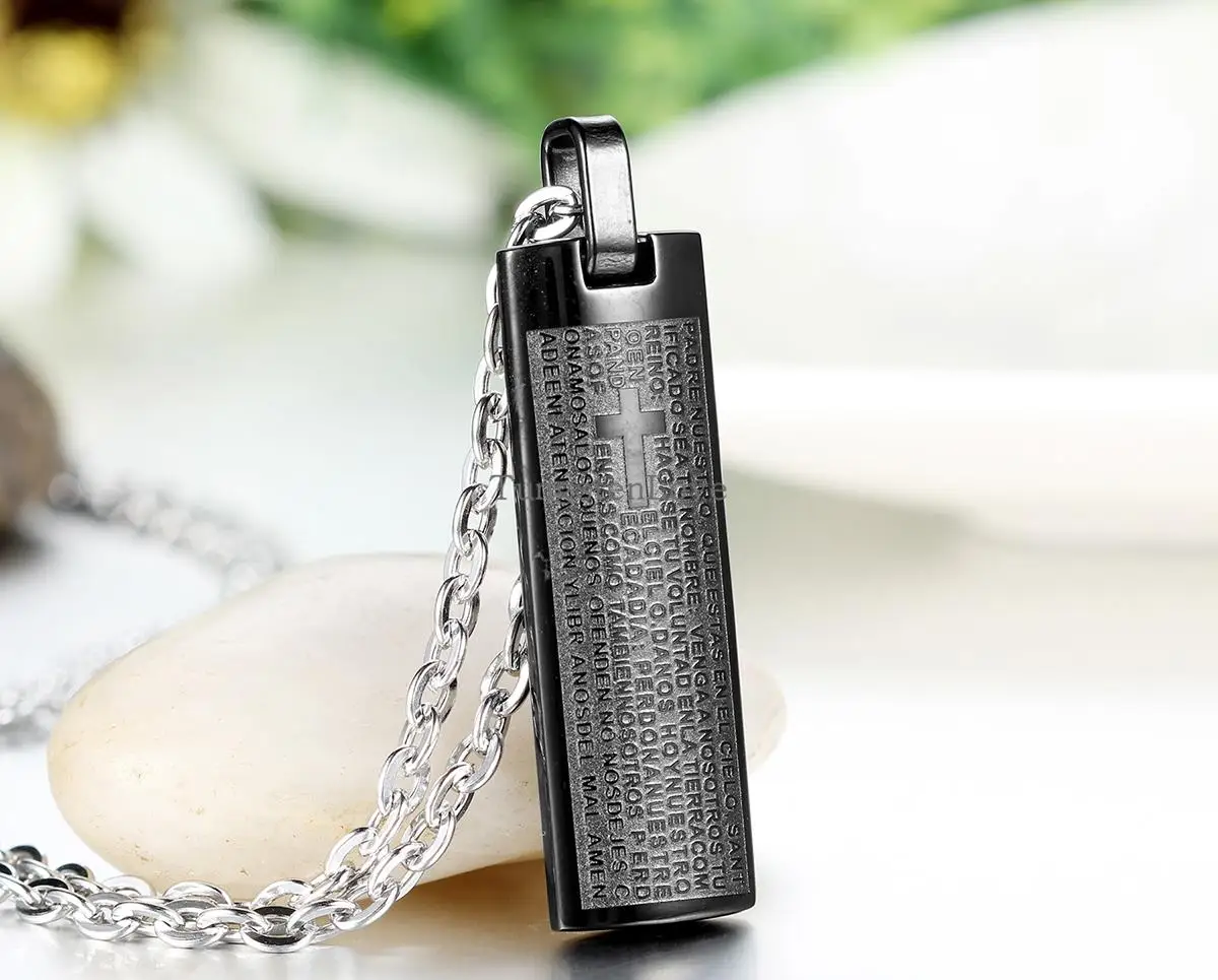 New Personality 316L Stainless Steel Mens Womens Spanish Lord\'s Prayer Cross Pendant Necklace Black Color colgantes hombre