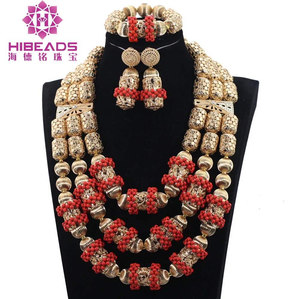 2017 Nigerian African Wedding Coral Jewelry Jewellery Set Fabulous Dubai Gold Bridal Jewelry Sets Maxi Necklace Set Gift ABH456