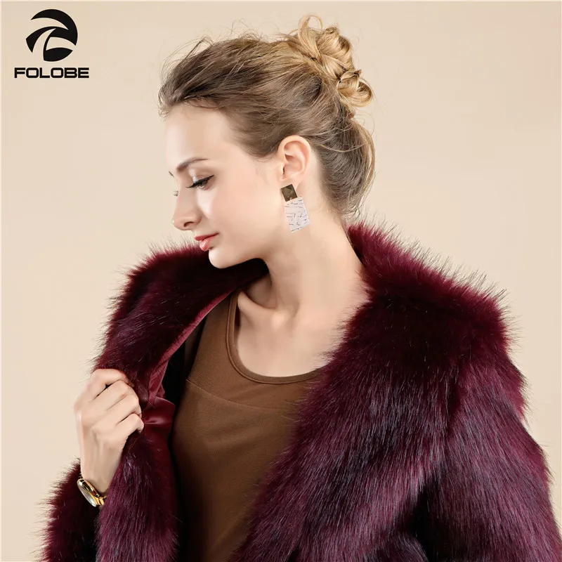 FOLOBE Women Winter Faux Fur Coat Female Luxury Artificial Fur Coats Jackets O-Check Burgundy Long Outwear Women Clothing