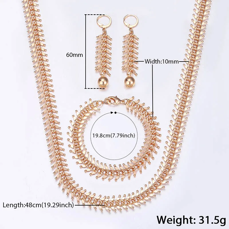 585 Rose Gold Link Chain Necklace Bracelet Earrings For Women Girls Party Wedding Jewelry Set  CSM01