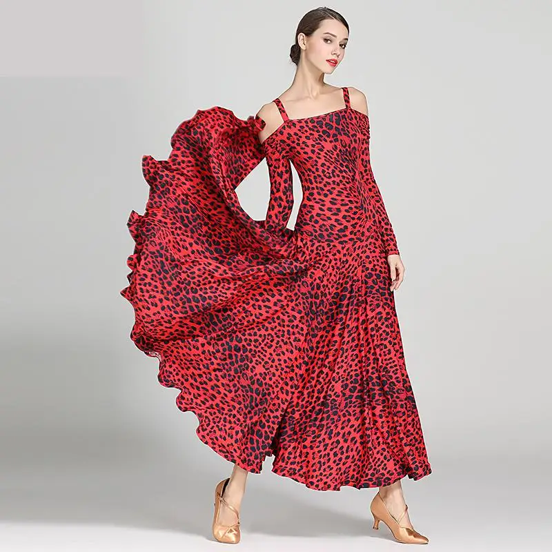 Vestido estampado de leopardo para dança, vestido sexy tomara que caia manga longa, estampa de onça para o tango e chamamento espanhol, novo, 2021