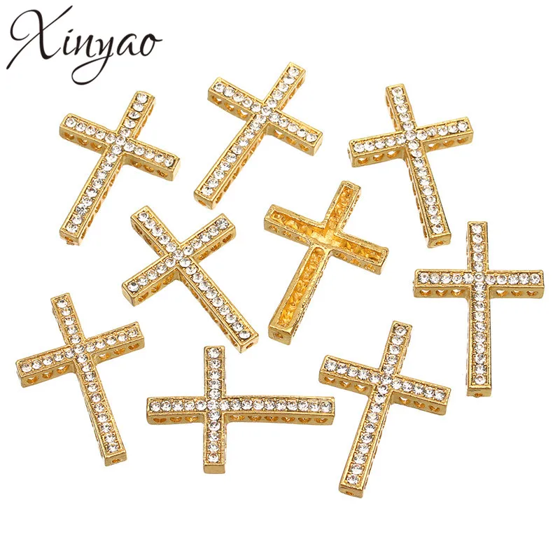 5pcs/bag Wholesale Gold/Rhodium/Gunmetal Color Rhinestone Sideway Cross Bracelet Charm Pendant for Jewelry Making AccessoryF293