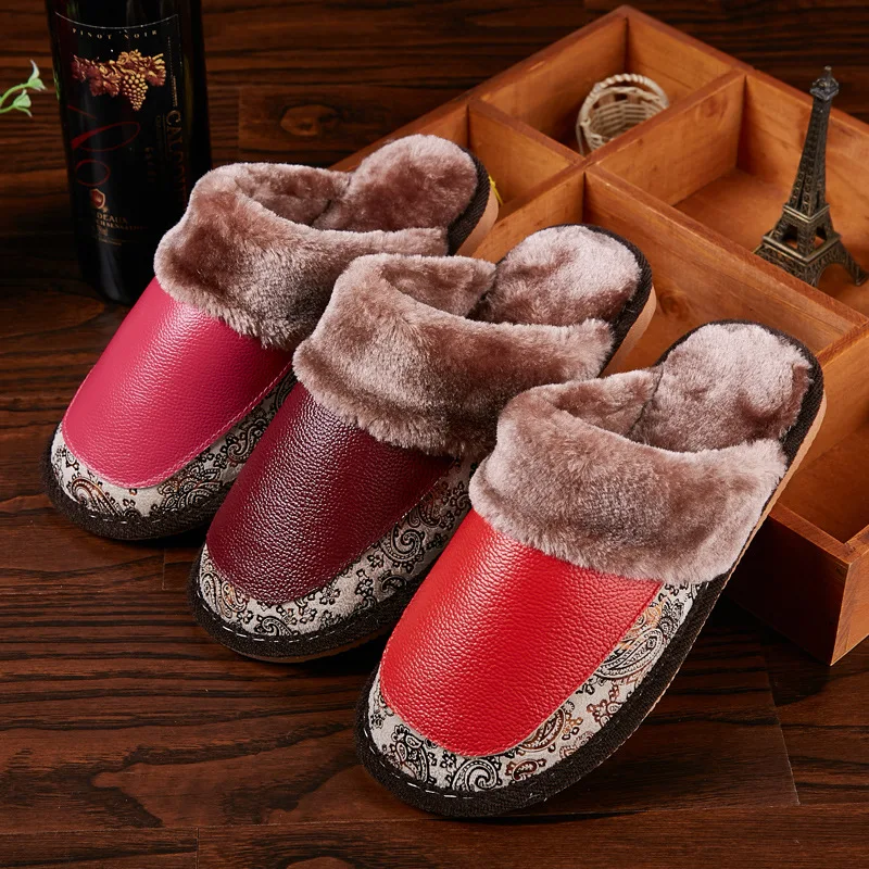 Mntrerm 2020 New Genuine Leather Home Slippers High Quality Winter Women Slipper Plush Warm Indoor Shoes Lovers Leather Slippers