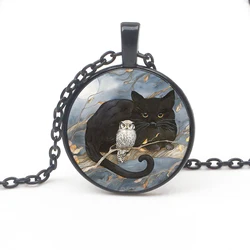 Fashion Black Cat Owl Pattern Necklace Glamour Painting Cat Glass Crystal Pendant Sweater Chain Men's Women's Accessorie Jewelry