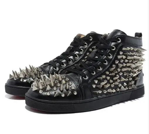 Qianruiti Men Spiked Sneakers High Top Rivets Studded Shoes Platform Flats Lace Up Casual Shoes Black White Red Gold