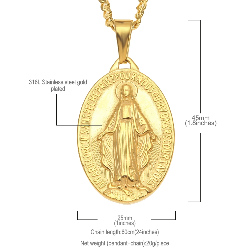 Stainless Steel Necklace Punk Women Men Fashion Gold Color Chains Virgin Mary Pendant Cross Medallion Religious Jewelry