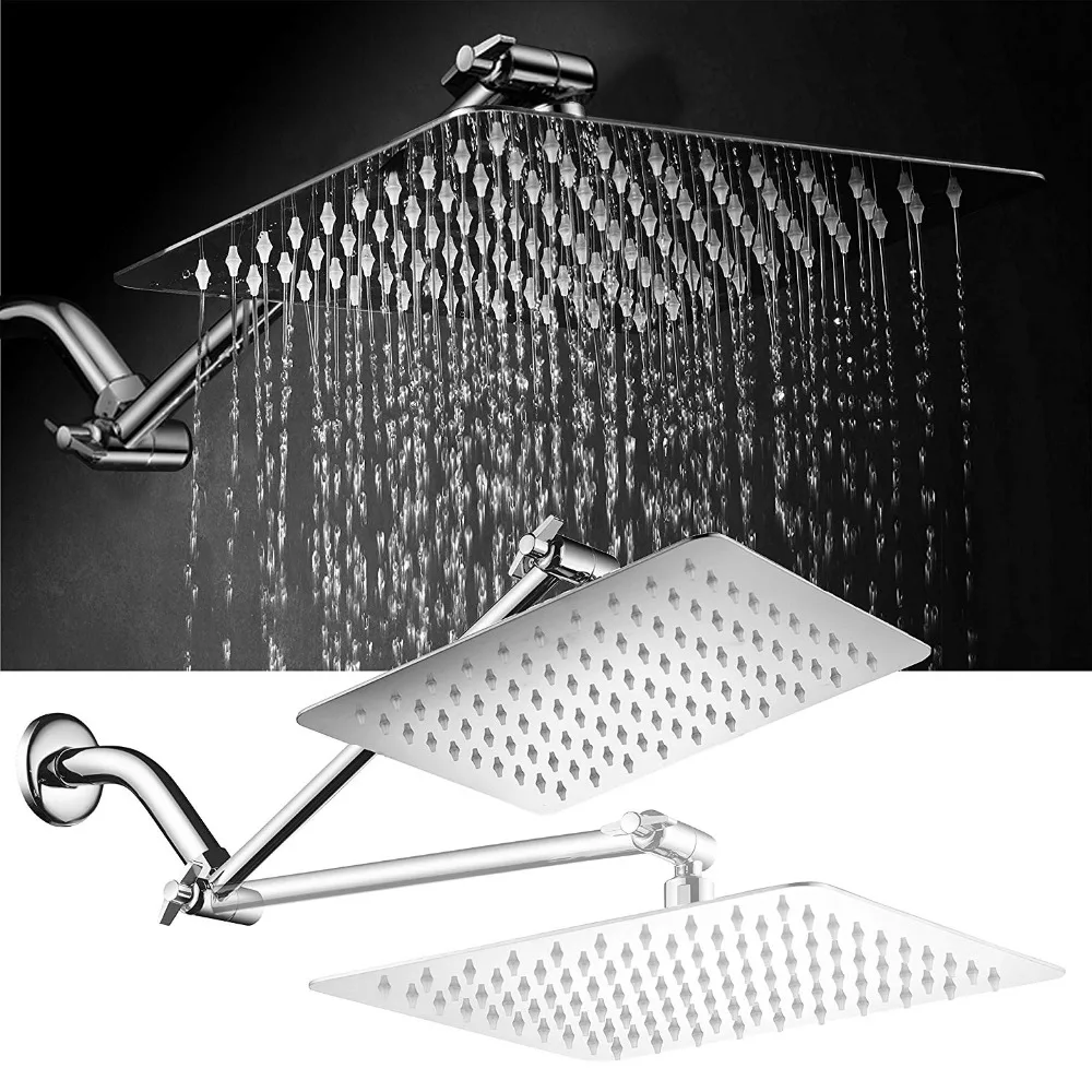 12inch Ultra Thin Stainless Steel Rainfall Square High Pressure Shower Head Solid Brass Adjustable Extension Folding Shower Arm