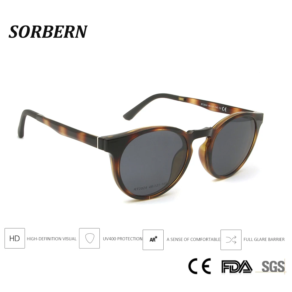 SORBERN Men Women Polarized Clip On Sunglasses Magnetic Round Ultem Memory Eyeglasses Frame Magnetic Sun Glass Driving Spectacle