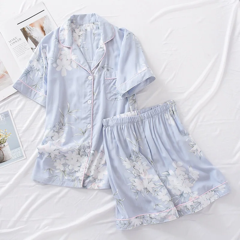 2Pcs Pajamas Set Women Simple Style Sleepwear 2023 Summer New Floral Printed Turn-down Collar Top+Shorts Comfort Homewear Set