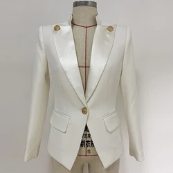 HIGH STREET New 2024 Designer Stylish Blazer Women's Single Button Lion Button Embellished Satin Collar Blazer Jacket