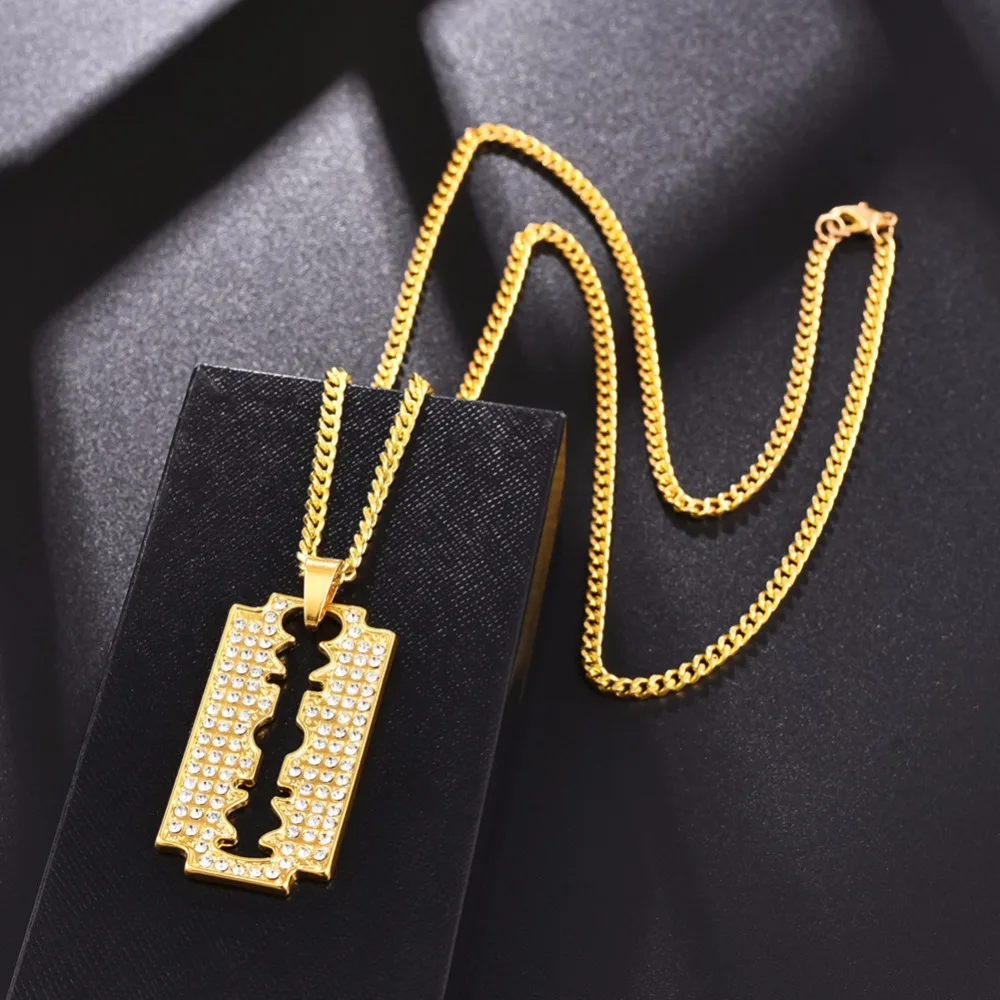 Hip Hop Bling Ice Out Razor Blade Pendants Necklaces Gold Color Stainless Steel Chain Barber Shop Necklace for Men Jewelry