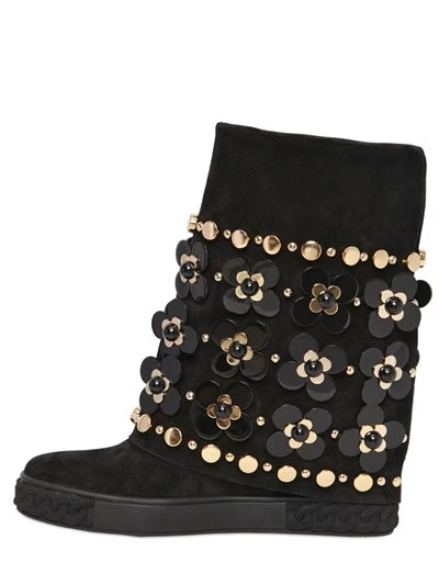 Black/Golden Flower Beading Flowers Hidden Wedge Suede Mid-Calf Boots Women Rivets Studs Inner Increase Heel Slip On Boots