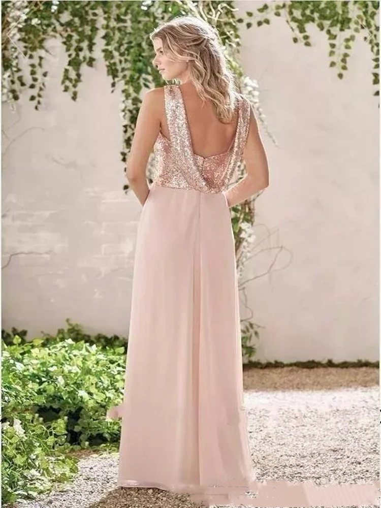 Rose Gold Bridesmaid Dresses A Line Spaghetti Backless Sequins Chiffon Cheap Long Beach Wedding Guest Dress Maid of Honor Gowns