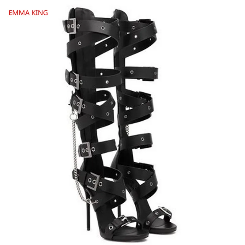 Punk Style Summer Buckle Chain Sandals 2024 Fashion Open Toe Knee High Sandals Boots Sexy Party High Heel Stiletto Women's Shoes