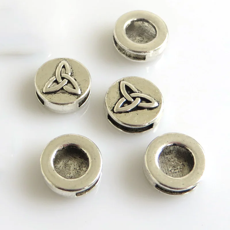 10Pcs Antique Silver Color 10mm Triquetra Trinity Knot Sliders Spacer Beads For 10x2mm Flat Leather Bracelet Jewelry Findings