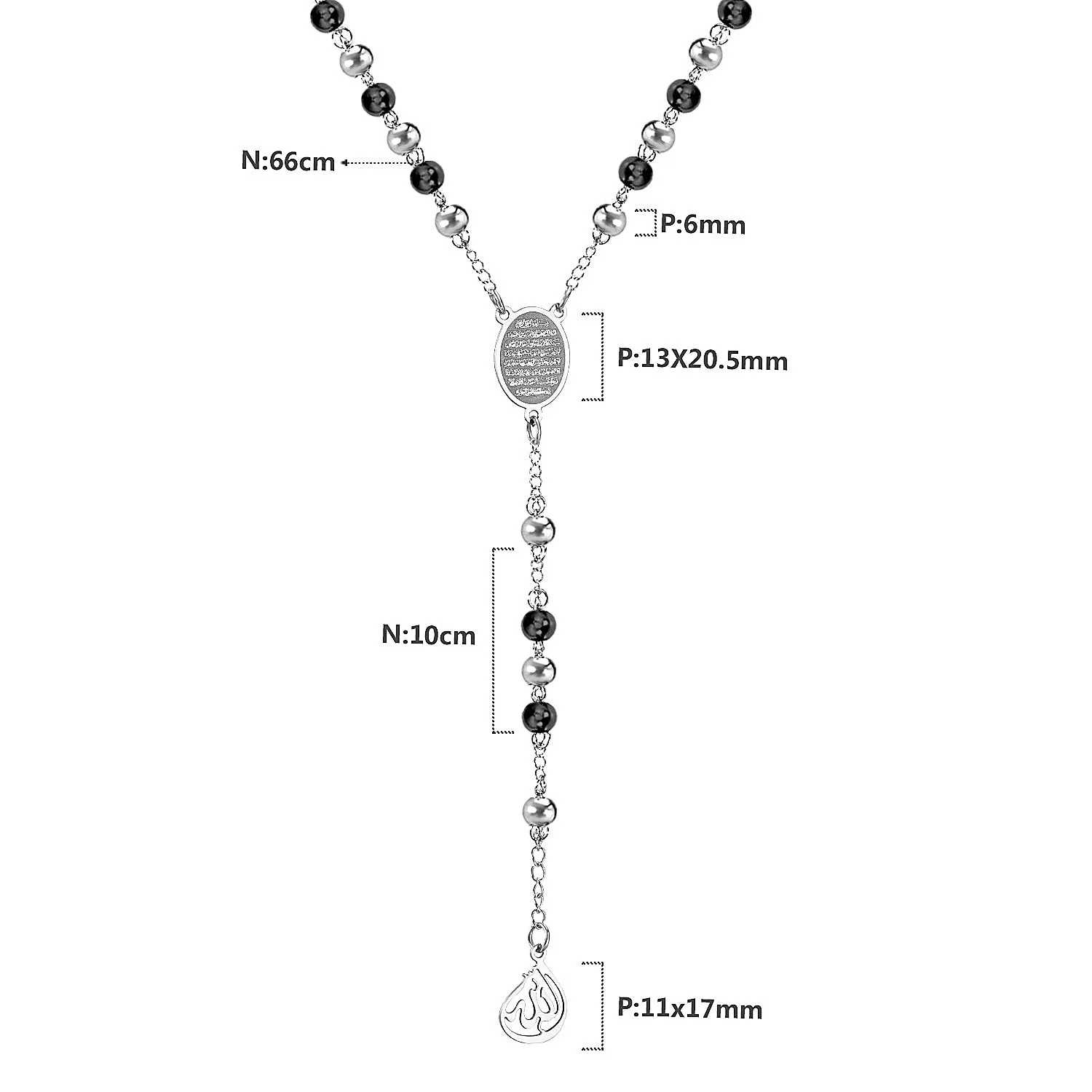 LUXUSTEEL Allah Muslim Arabic Printed Pendant Necklace Stainless Steel Long 66cm+10cm  Mixed Black Beaded Link Chains