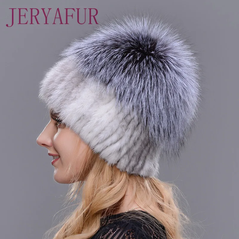 Hot Sale Fashion Mink Fox Hat Winter Warm Women Knitting Caps Mink Hats Vertical Weaving With FOX Fur On The Top