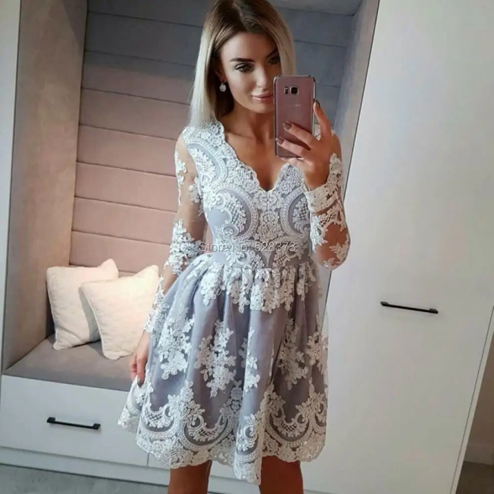 

YNQNFS CD1 Robe Cocktail Elegant V Neck Long Sleeve Lace Party Mother Gown Vestido de Festa Short 2019