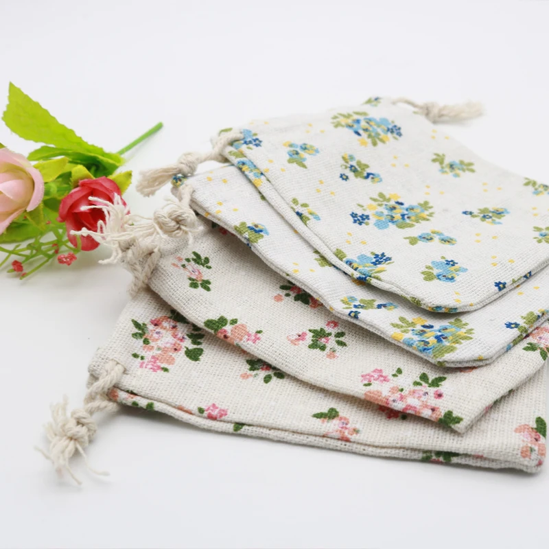 Wholesale 5pcs/lot 8x10cm Drawable Cotton Bags Pouches Small Flower Printed Mini Jewelry Packaging Bag Dry Cotton Linen Pouches