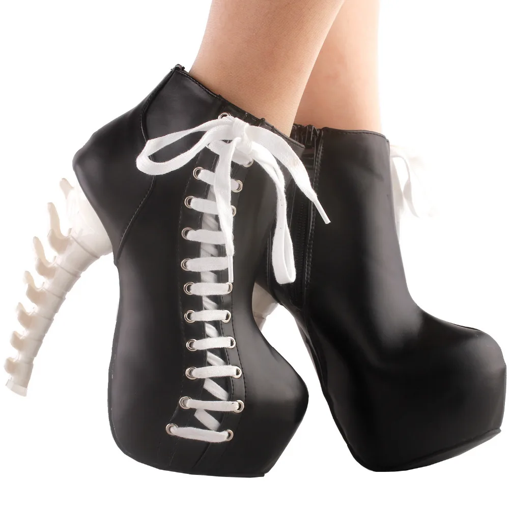 LF80666 SHOW STORY Punk Two Tone Lace up Zip High-top Bone Platform Ankle Boots