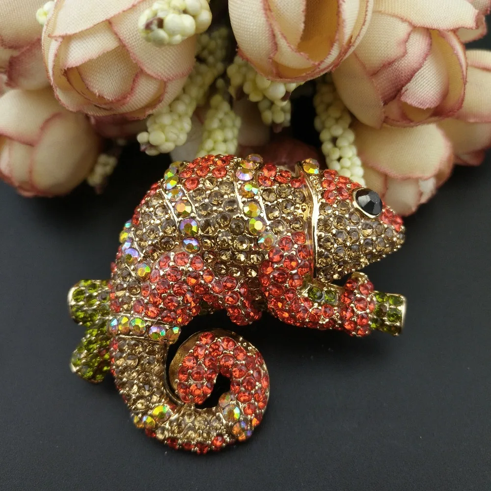 100pcs/lot  53mm Rhinestone Chameleon Lizard Brooch Pin Gold Tone Synthetic Orange Brown Crystal Brooches Animal Pins