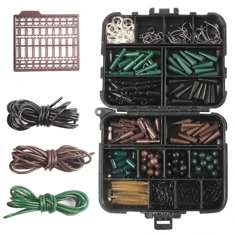 188pcs/lot Carp Fishing Accessories Kit Including Barbed Hooks Tubes Buffer Beads Rolling Anti-tangle Sleeve Reservoir with Box