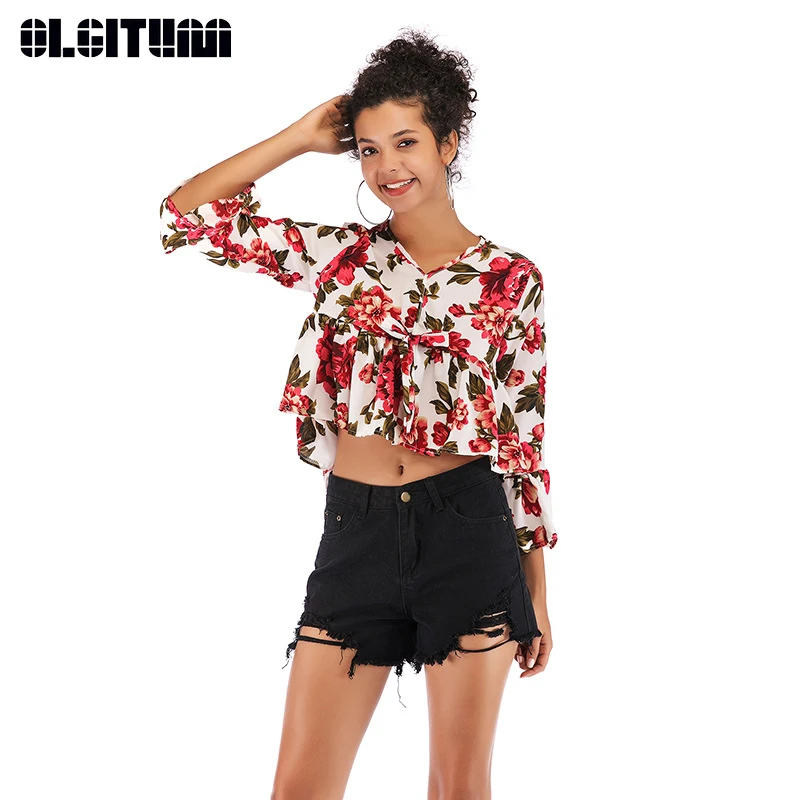 

New 2020 Spring Women V-neck Strap Casual Trumpet Sleeve Print Chiffon Shirt Women Navel Short Top Shirt BS331