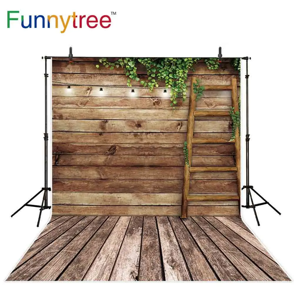 Funnytree Latar Belakang untuk Fotografi Studio Kayu Dinding Lantai Tangga Daun Musim Semi Latar Belakang Photobooth Photocall Prop