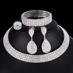 4 PCS Luxury Wedding Bridal Jewelry Sets for Brides Women Necklace Bracelet Ring Earring Set Elastic Rope Crystal Jewelry